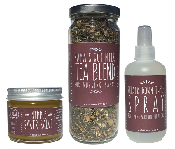 New moms herbal gift kit with tea, nipple salve and spray